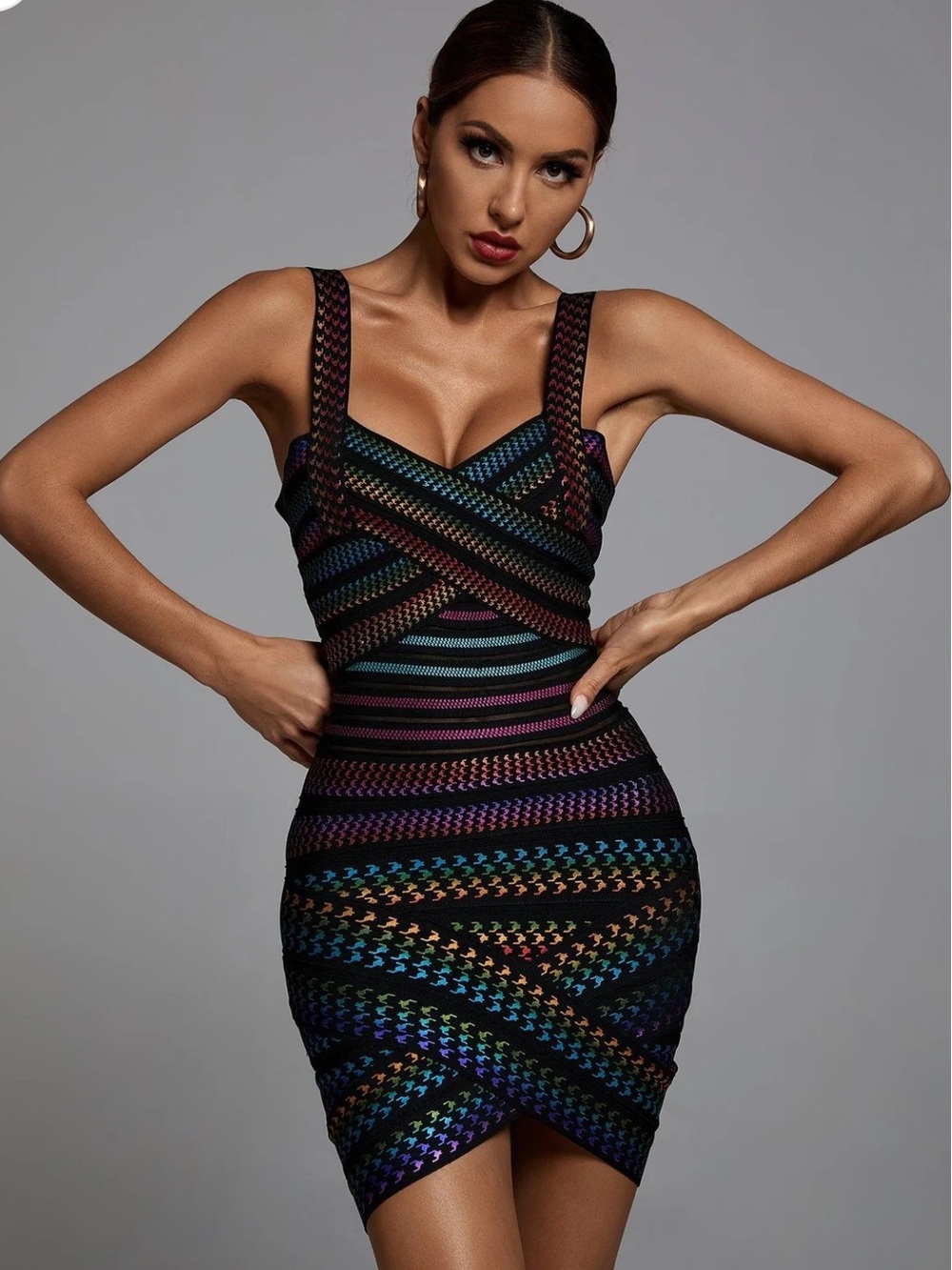 Meilun Multicolor Striped Black Bandage Bodycon Mini Dress Size Medium NWT - Picture 2 of 13